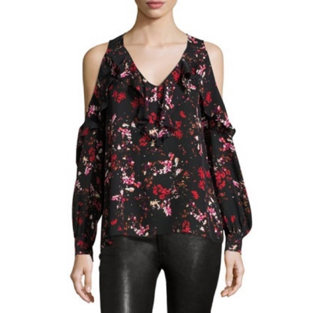 Parker Roland Canna Black Floral-Print Ruffle V-Neck Cold-Shoulder Blouse EUC XS